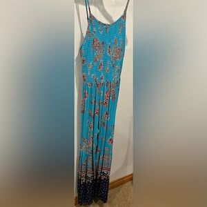 Gypsy Love Teal and Navy Floral Wide Leg Boho Spaghetti Strap Jumpsuit Size M